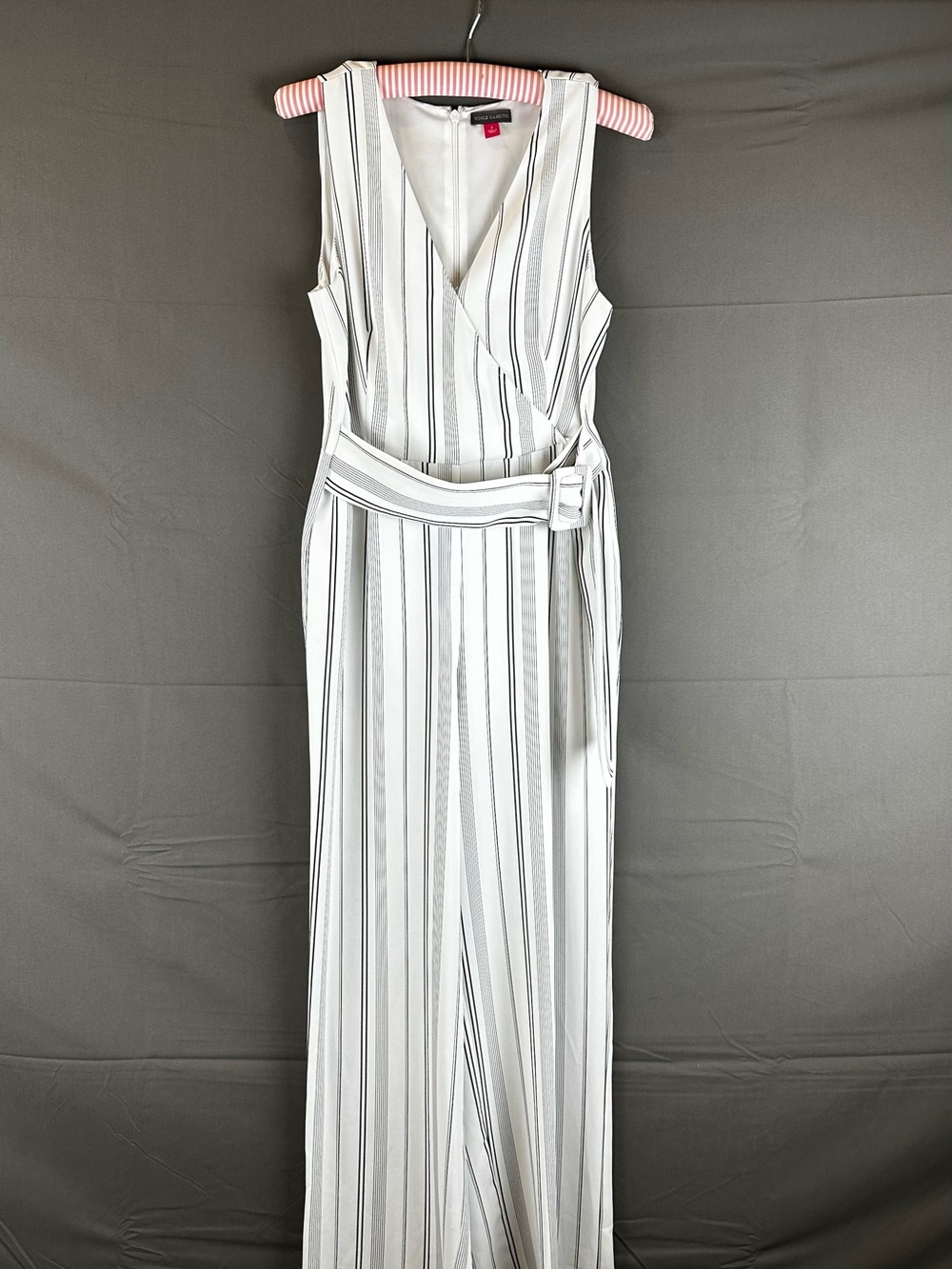 Vince Camuto White and Gray Striped Sleeveless Wrap Jumpsuit with Belt